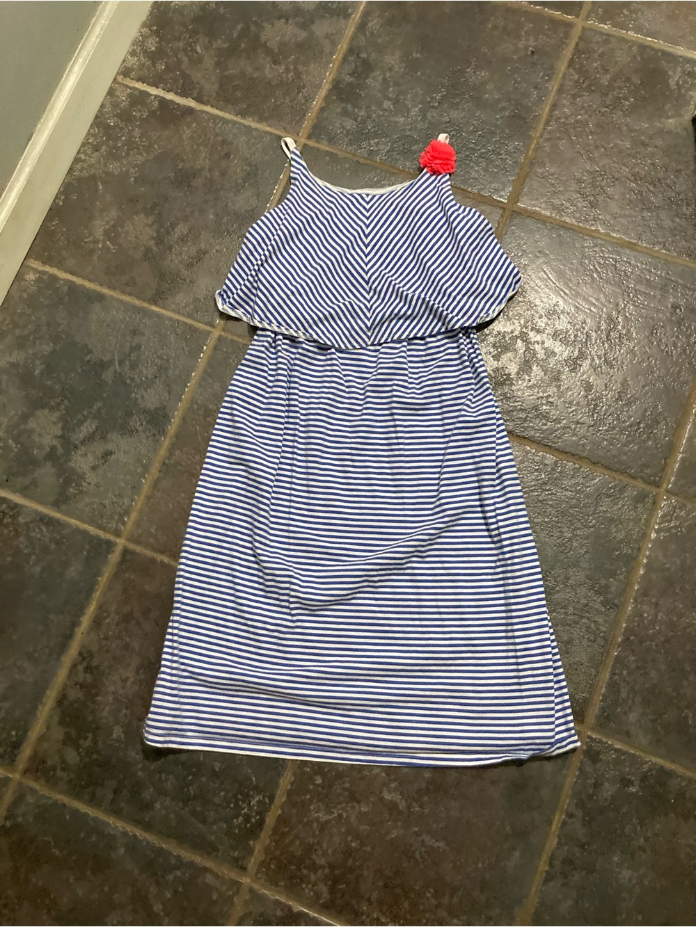 OshKosh Blue and White Striped Girls' Sundress with Coral Pom Accent Size 10